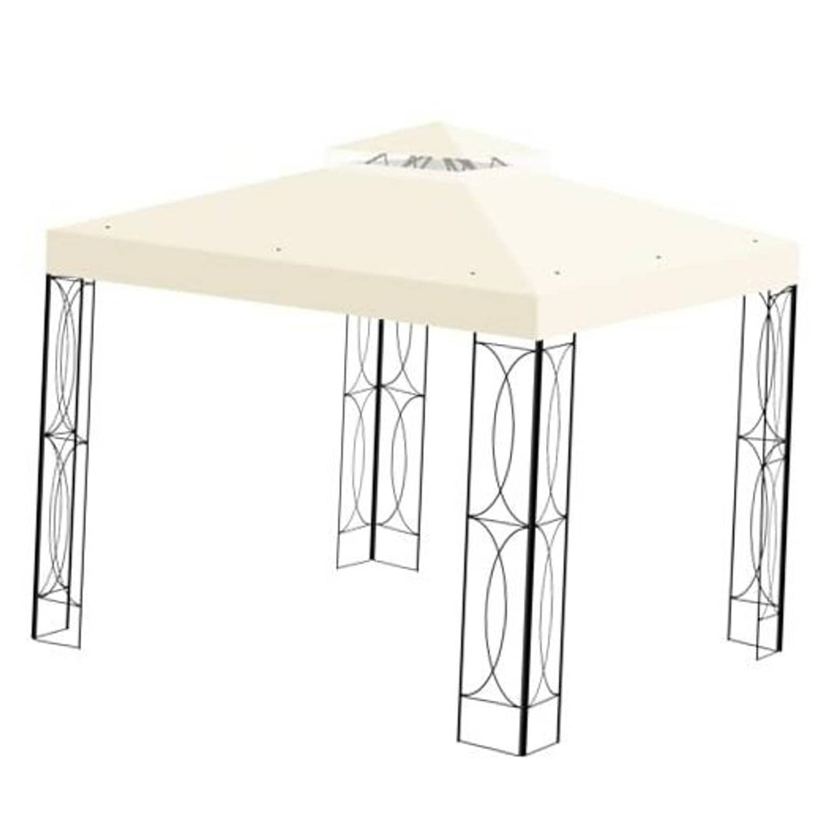 Beige double-tier gazebo top canopy cover on black metal frame