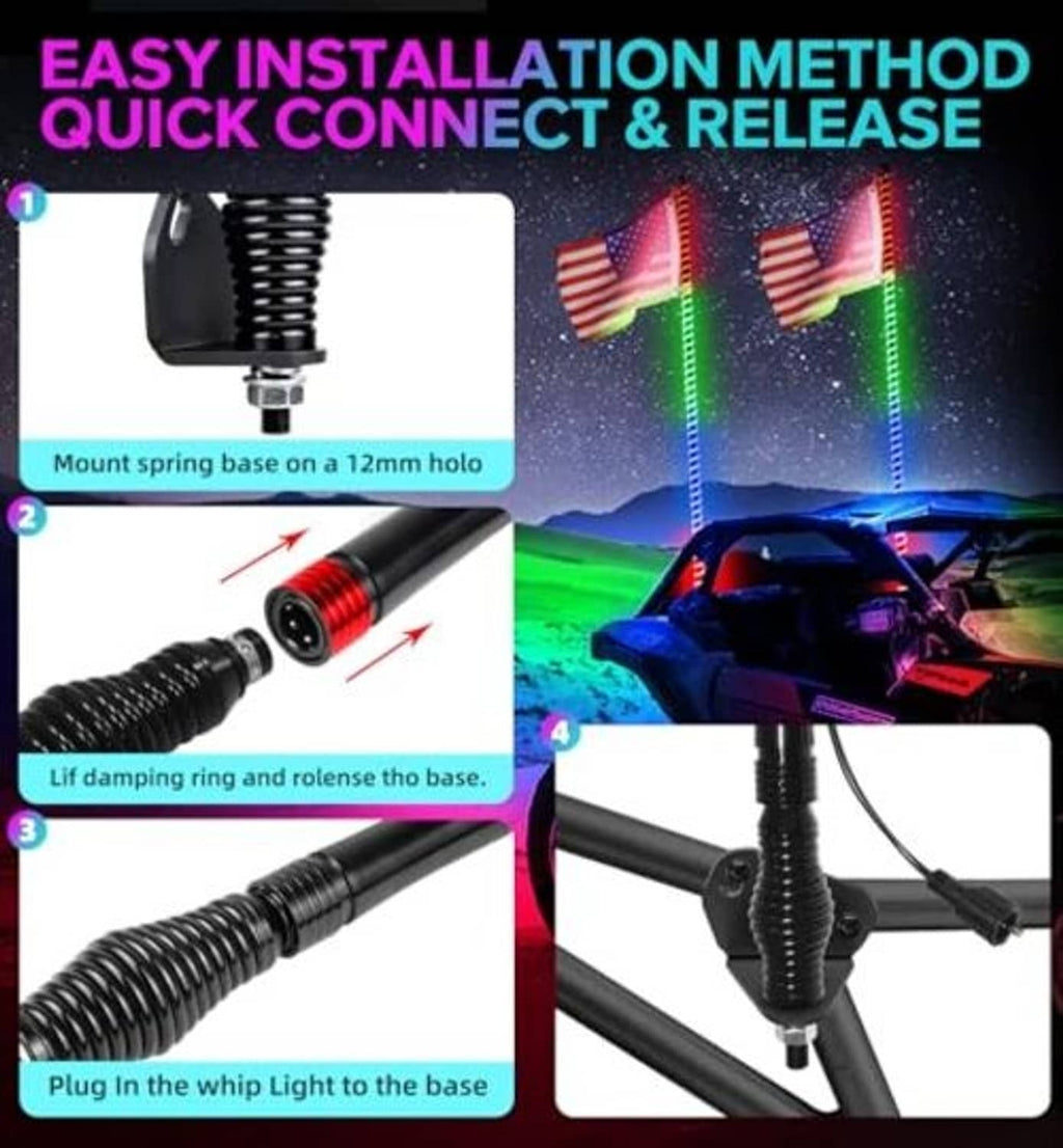 LED whip light spring base and plug-in connector for quick installation