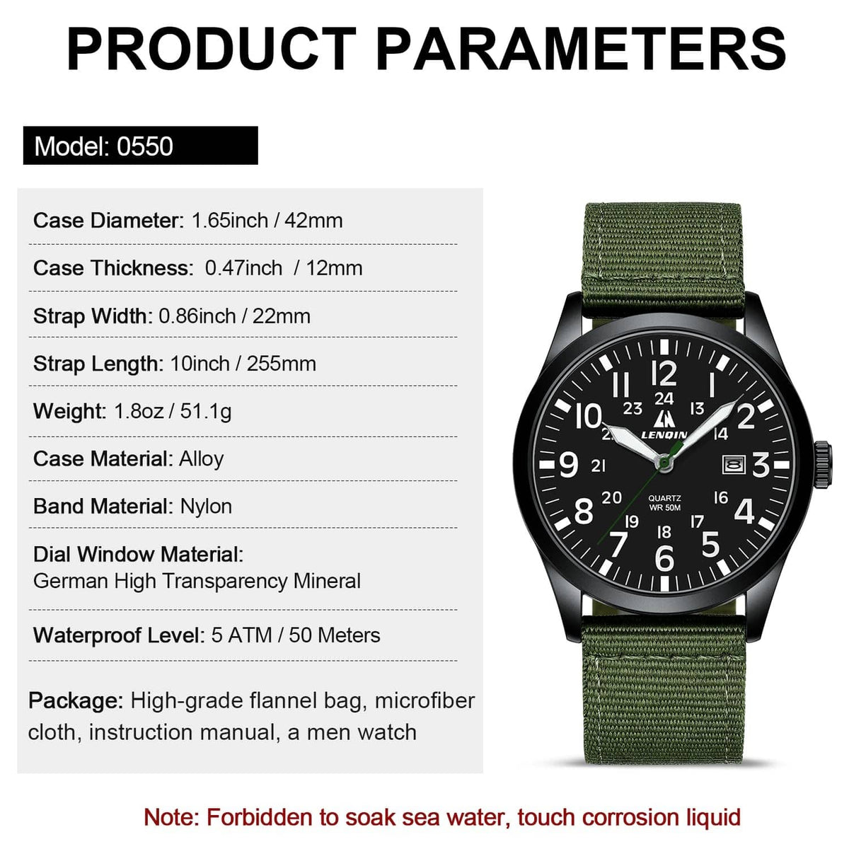 Men's military sport analog watch with measurements and model info, black dial and green nylon strap