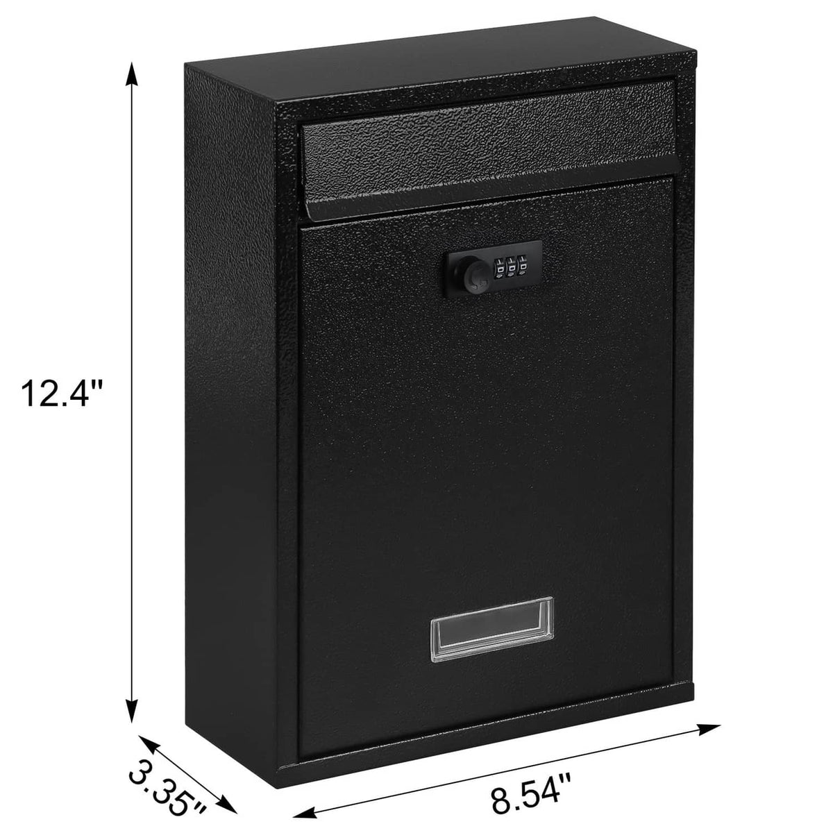 Black wall mailbox size diagram: 12.4 in tall; mail slot with combination lock