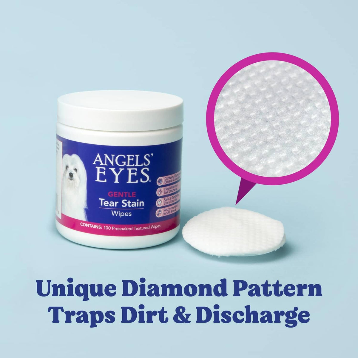 Eye wipes tub with diamond-pattern wipe pad for dogs and cats