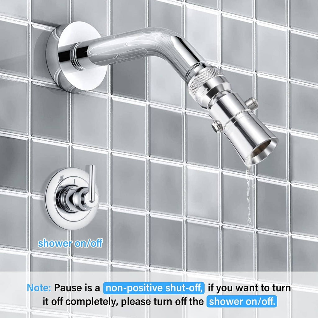 Wall-mounted chrome shower head with pivoting arm and shut-off control