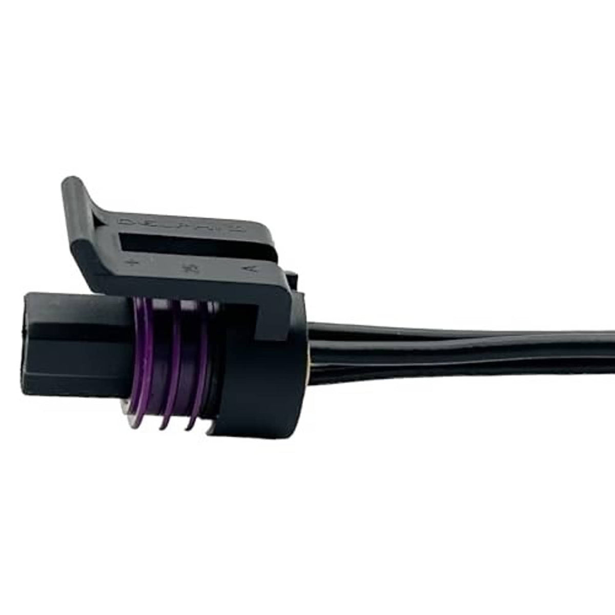 Throttle position sensor pigtail wiring connector with black housing, purple strain relief