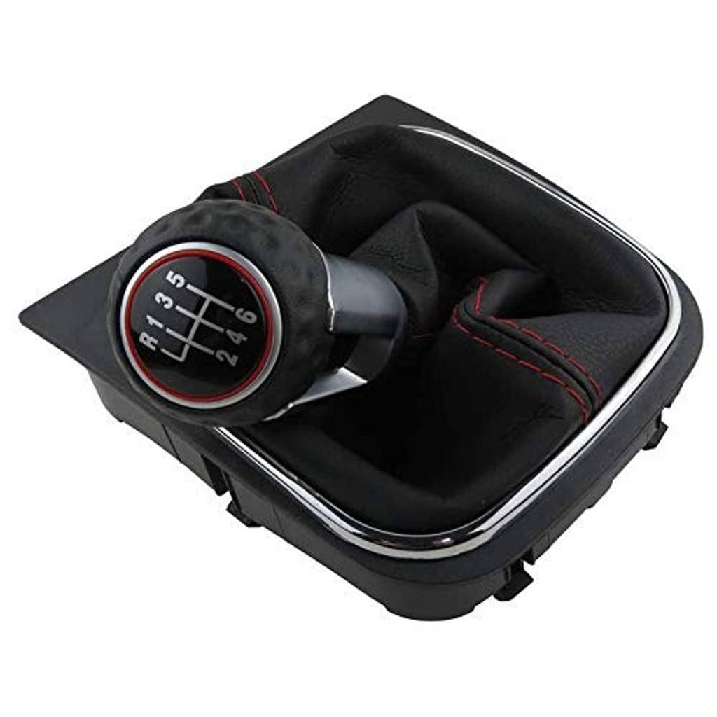 Manual gear shift knob on black boot with stitched red seam, 6-speed dial