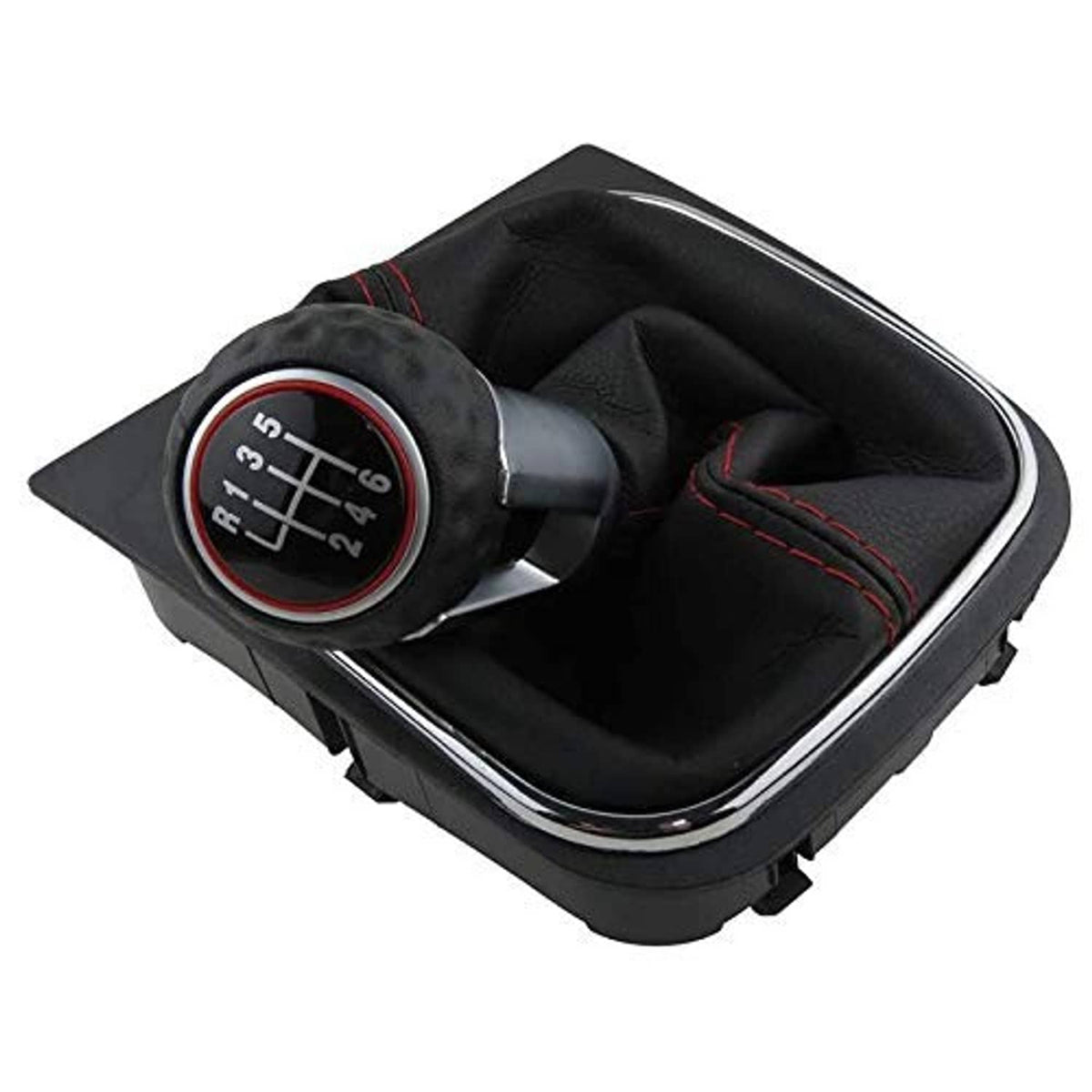 Manual gear shift knob on black boot with stitched red seam, 6-speed dial