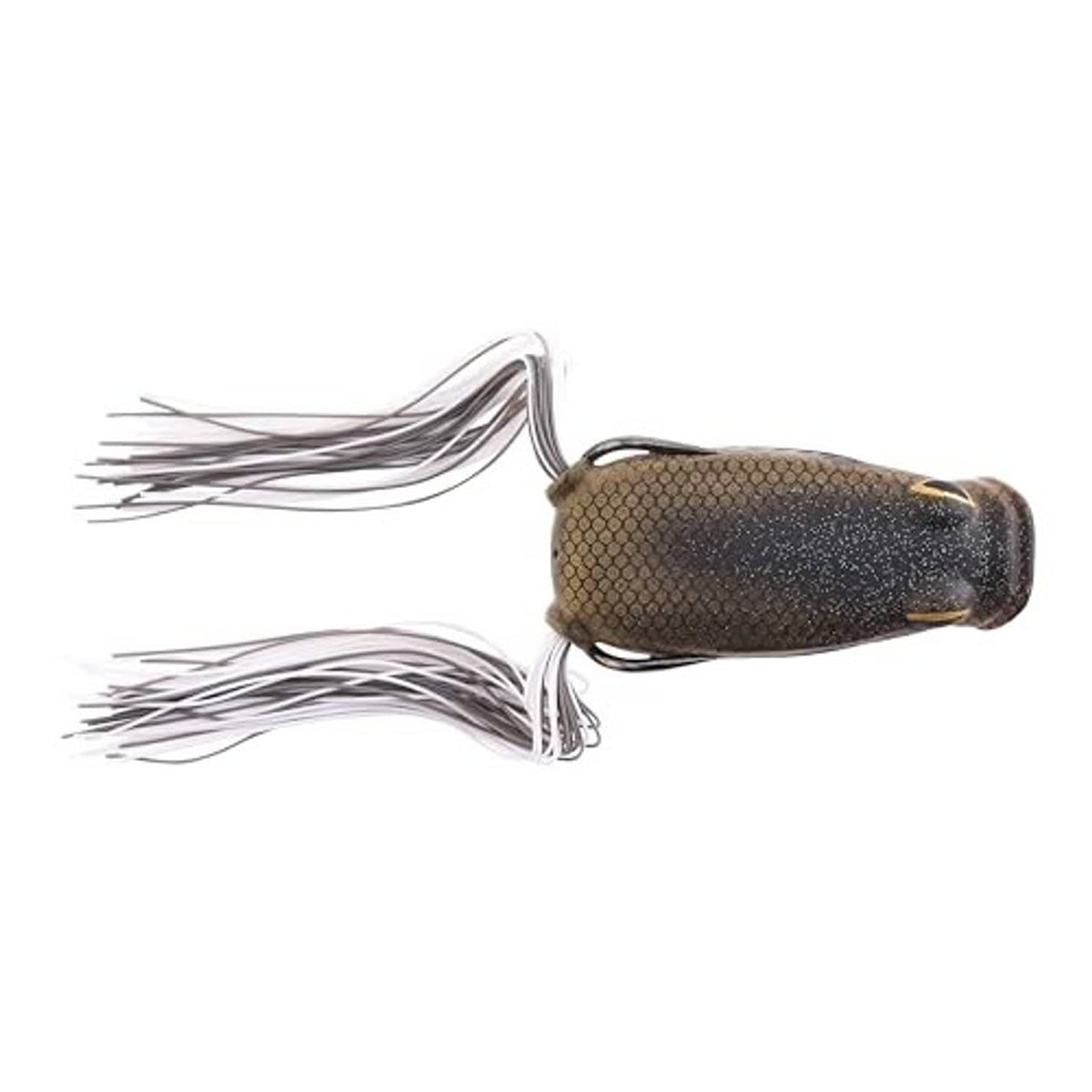 Frog popper lure, dark olive-brown body with white wire skirt