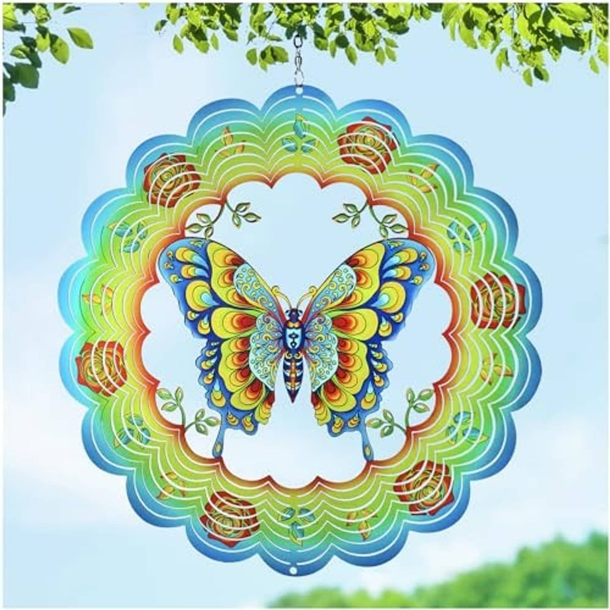 Multicolor 3D butterfly wind spinner with scalloped circular stainless fan and hanging chain