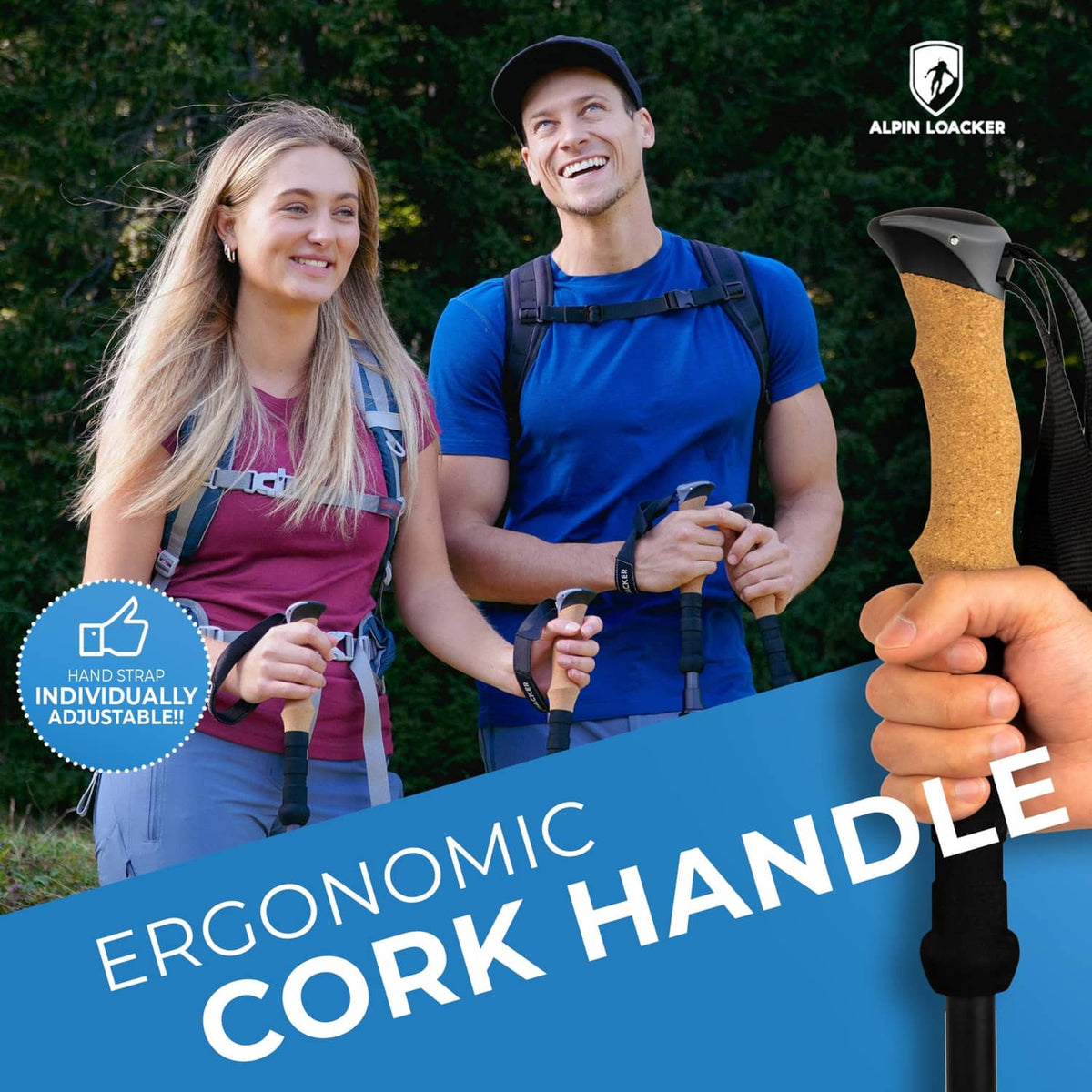 Trekking pole handle with ergonomic cork grip and black wrist strap, in outdoor use