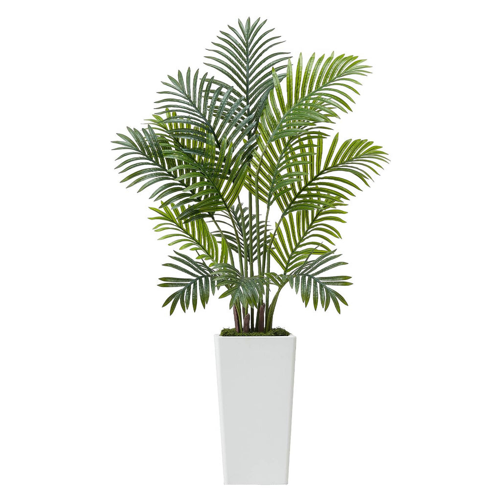 Set of 2 artificial areca palm trees in white pots with green fronds