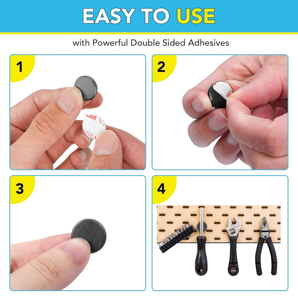 Black round ceramic magnets with double-sided adhesive, shown being attached