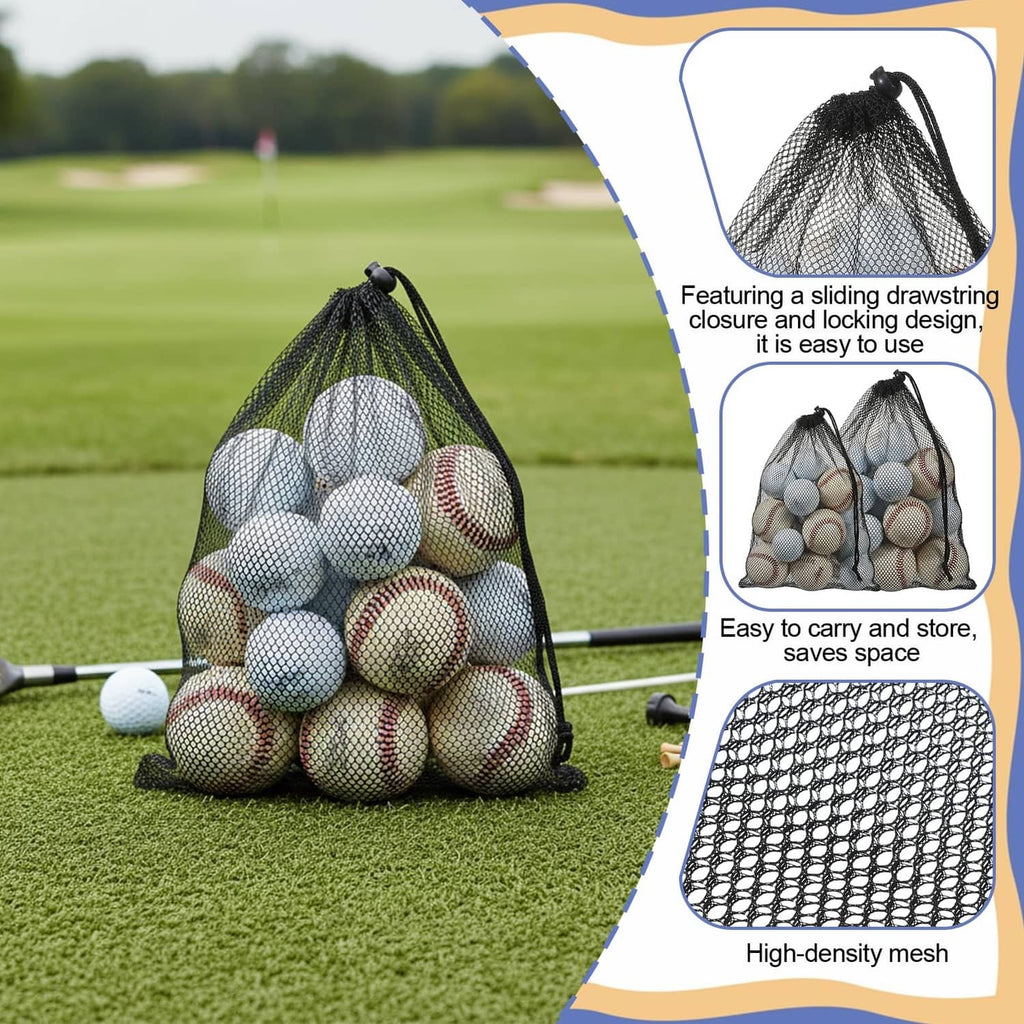 Square nylon mesh golf ball bag with drawstring closure, shown filled with balls