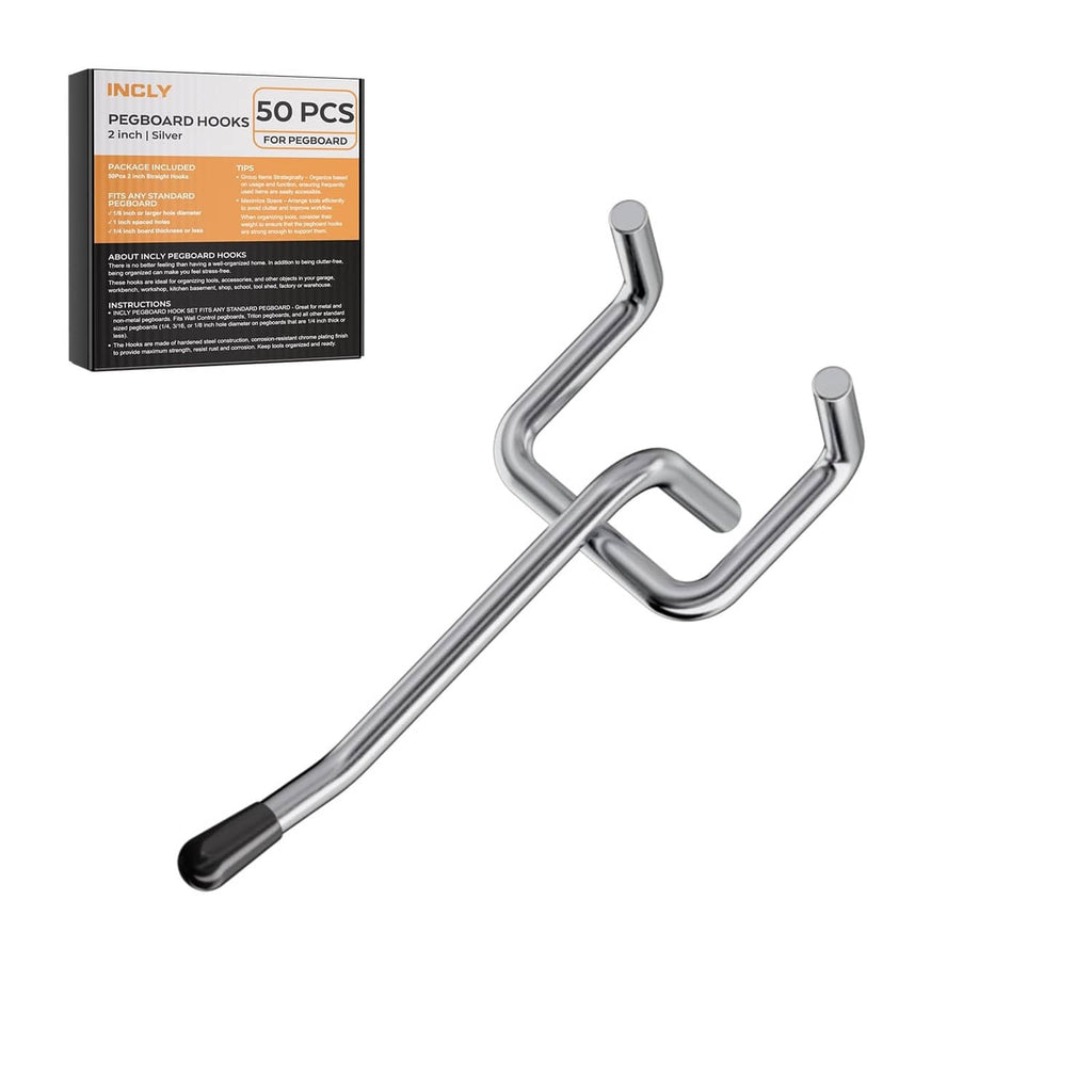 Chrome L-shaped pegboard hook with black rubber protective tip