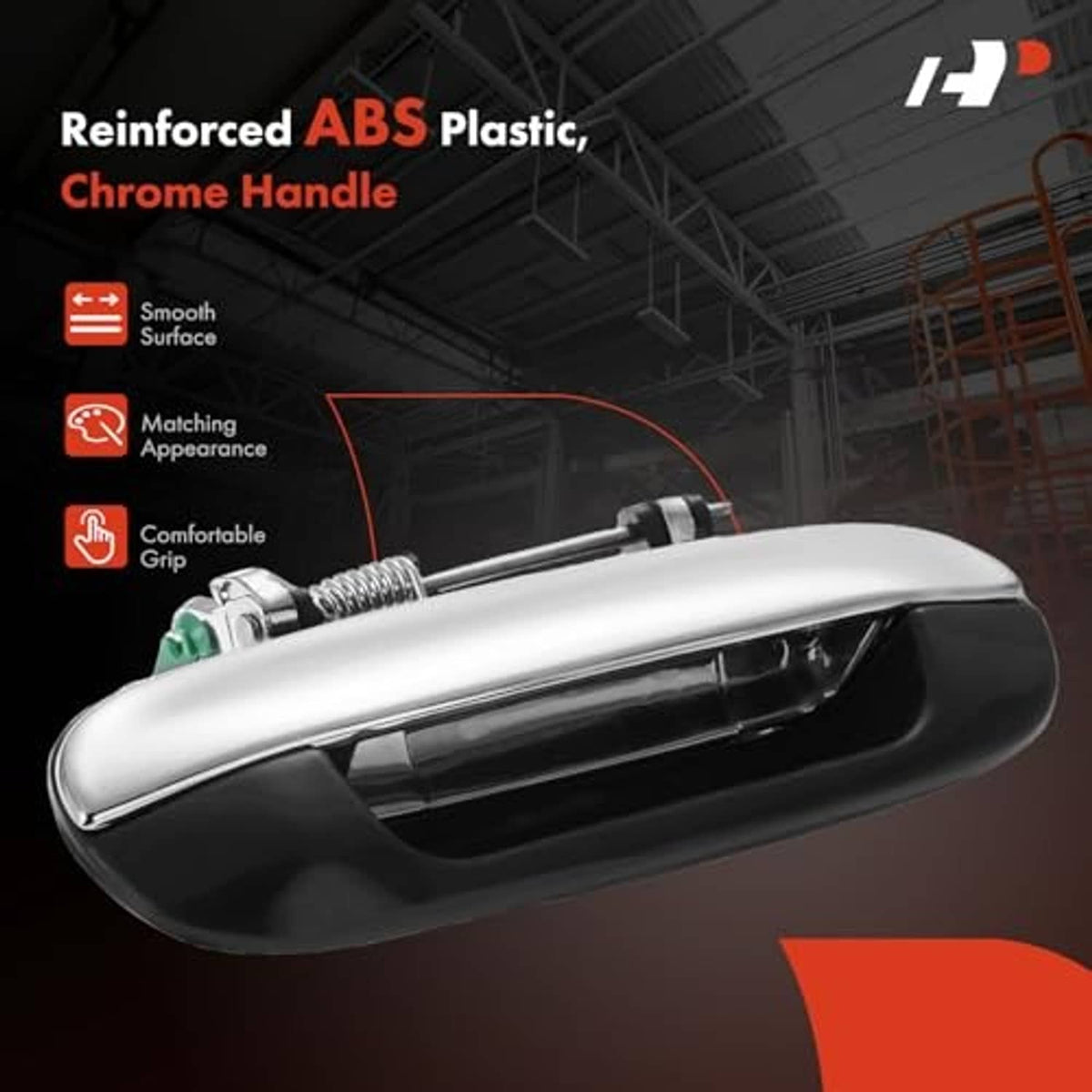 Chrome door handle with black housing and spring-loaded mounting stem