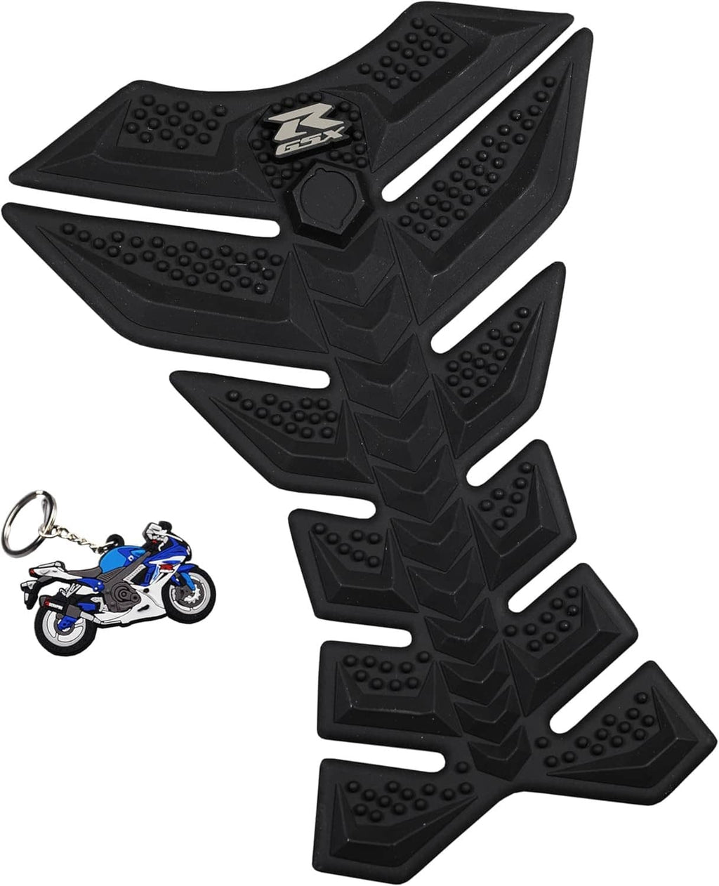 Black 3D rubber tank pad protector with textured grip nubs and central logo patch