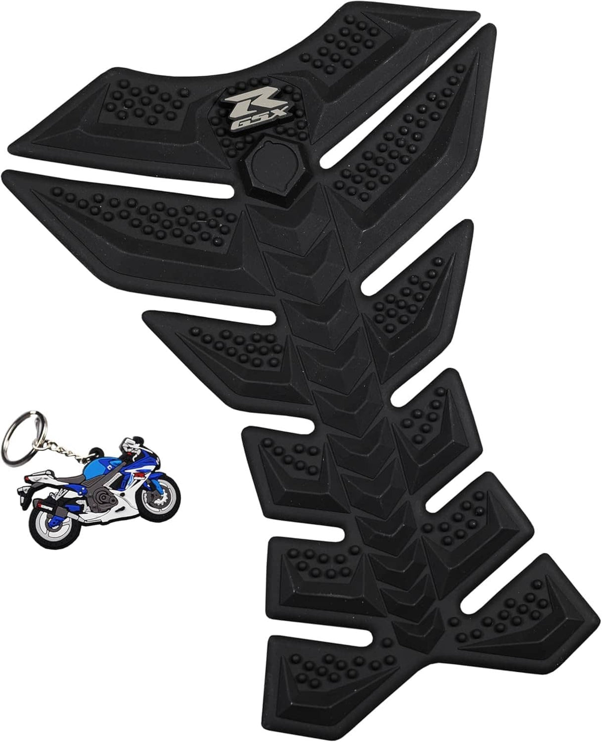 Black 3D rubber tank pad protector with textured grip nubs and central logo patch