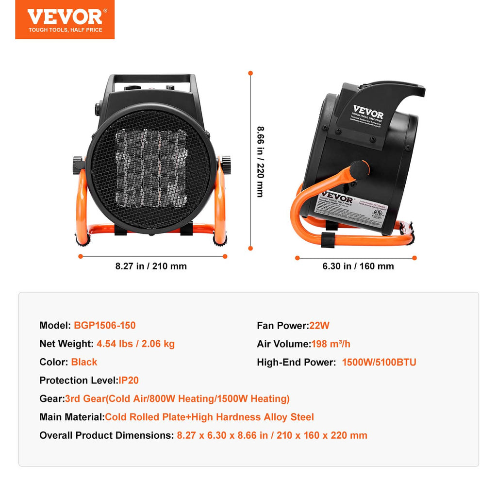 Black VEVOR greenhouse heater with round mesh grille, orange legs, and size reference