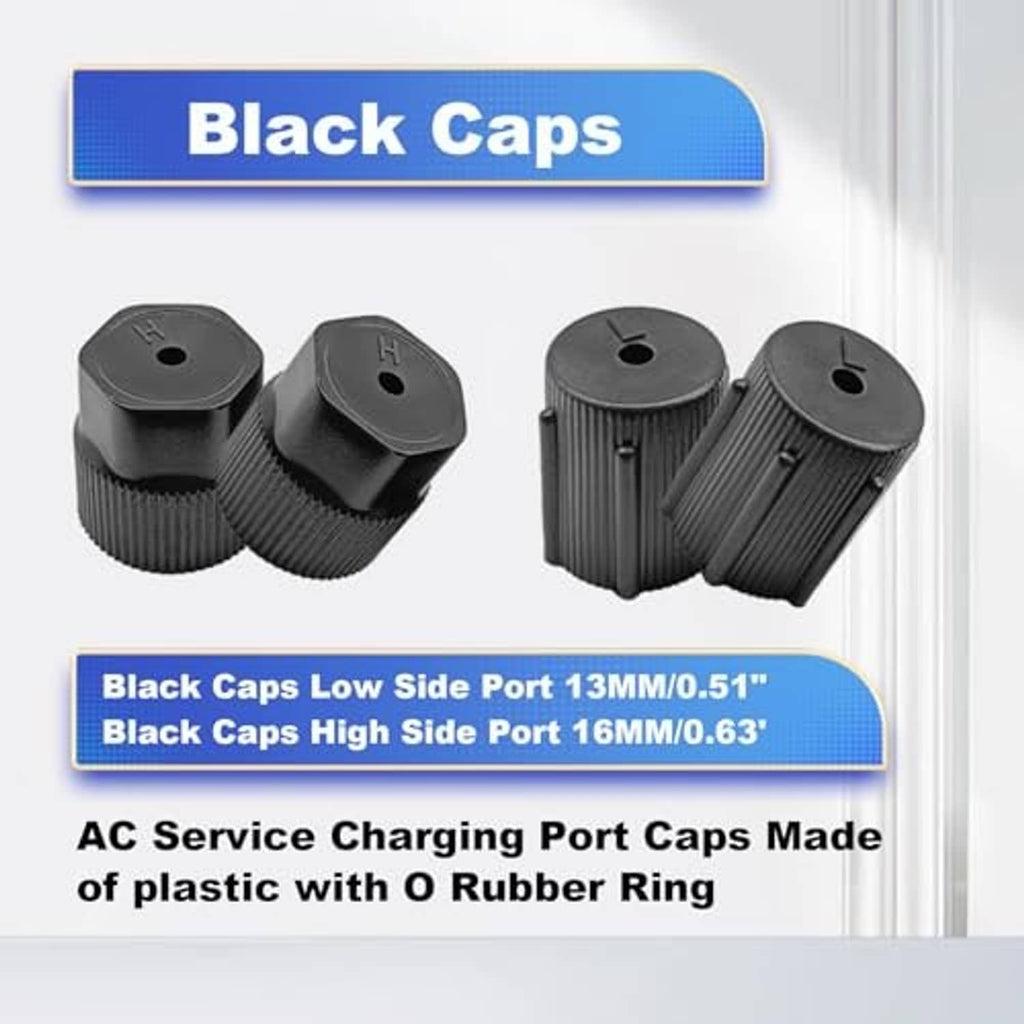 Plastic AC service port caps set with O rubber ring, black low-side and high-side caps