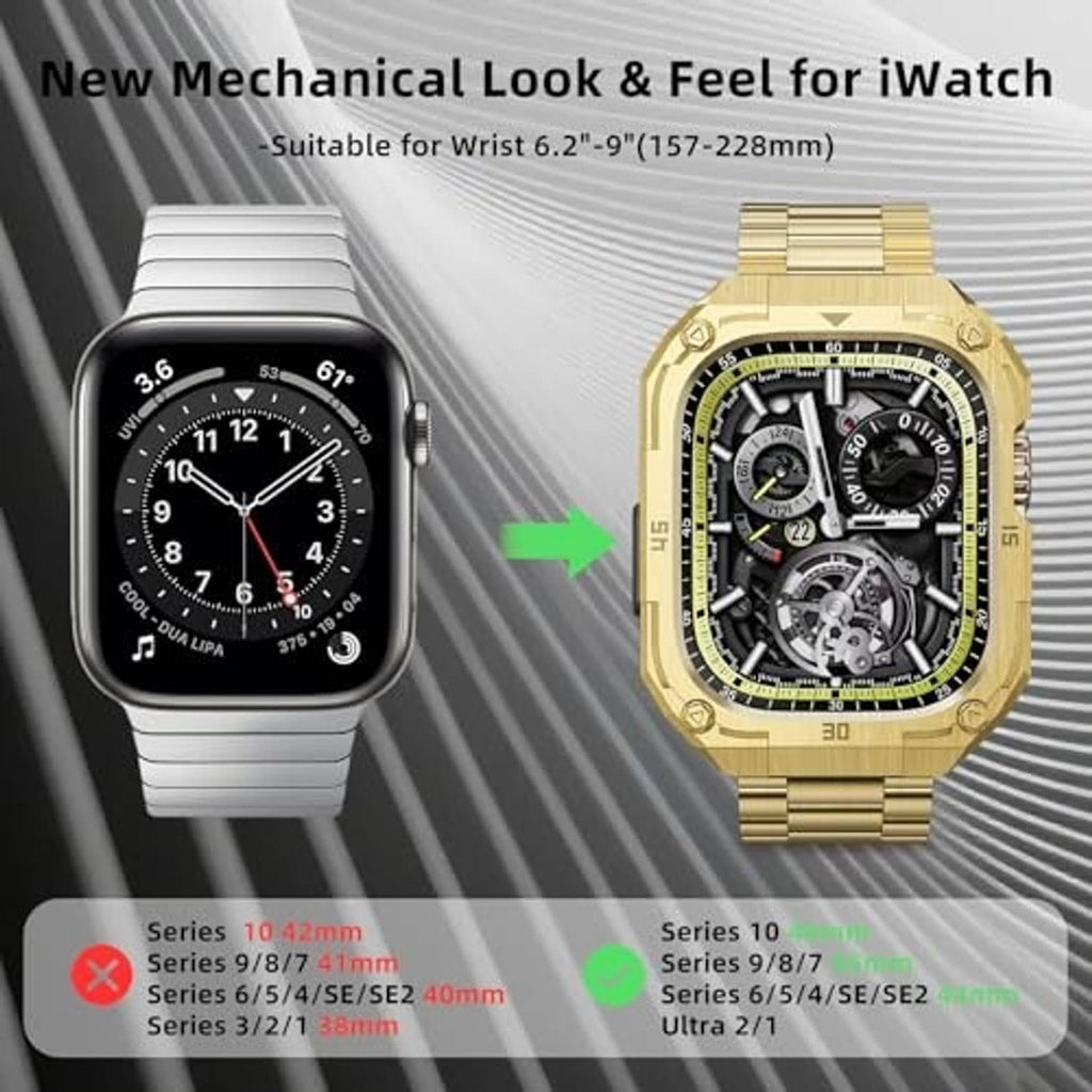 Gold-tone stainless steel watch with black multi-dial face, linked band, metal clasp