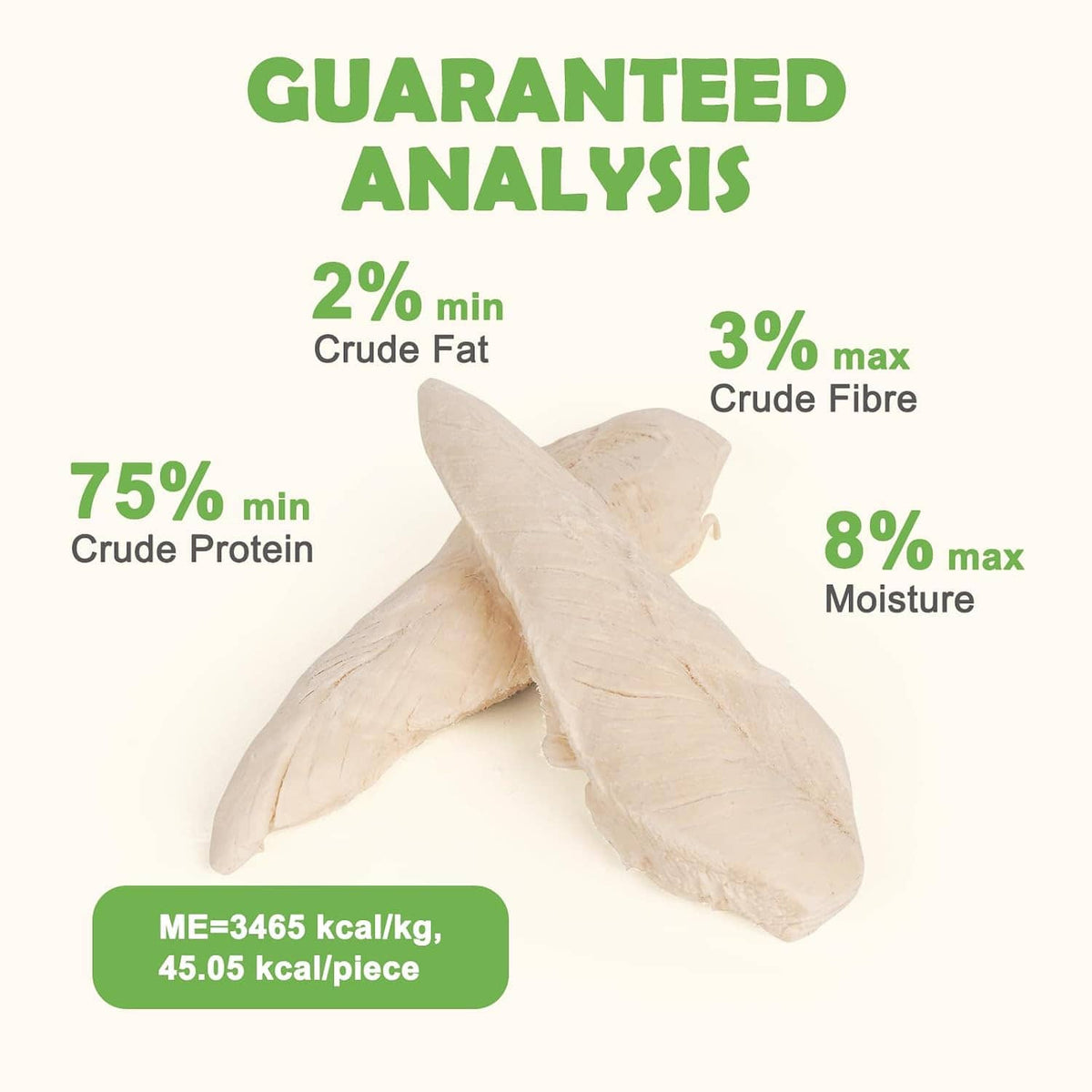 Freeze-dried chicken breast strips shown as a small fanned stack