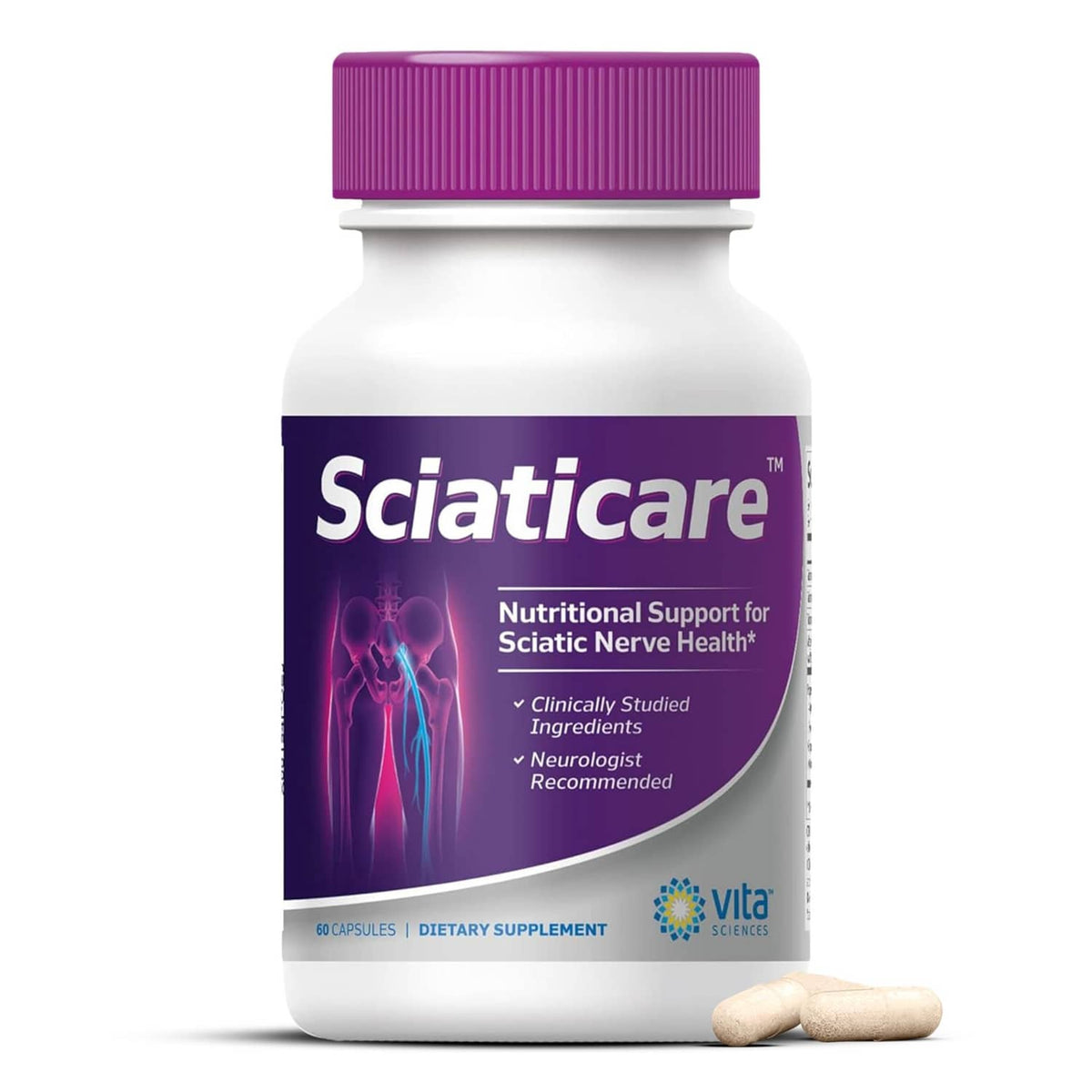 Vita Sciences Sciaticare dietary supplement bottle with purple cap, front label