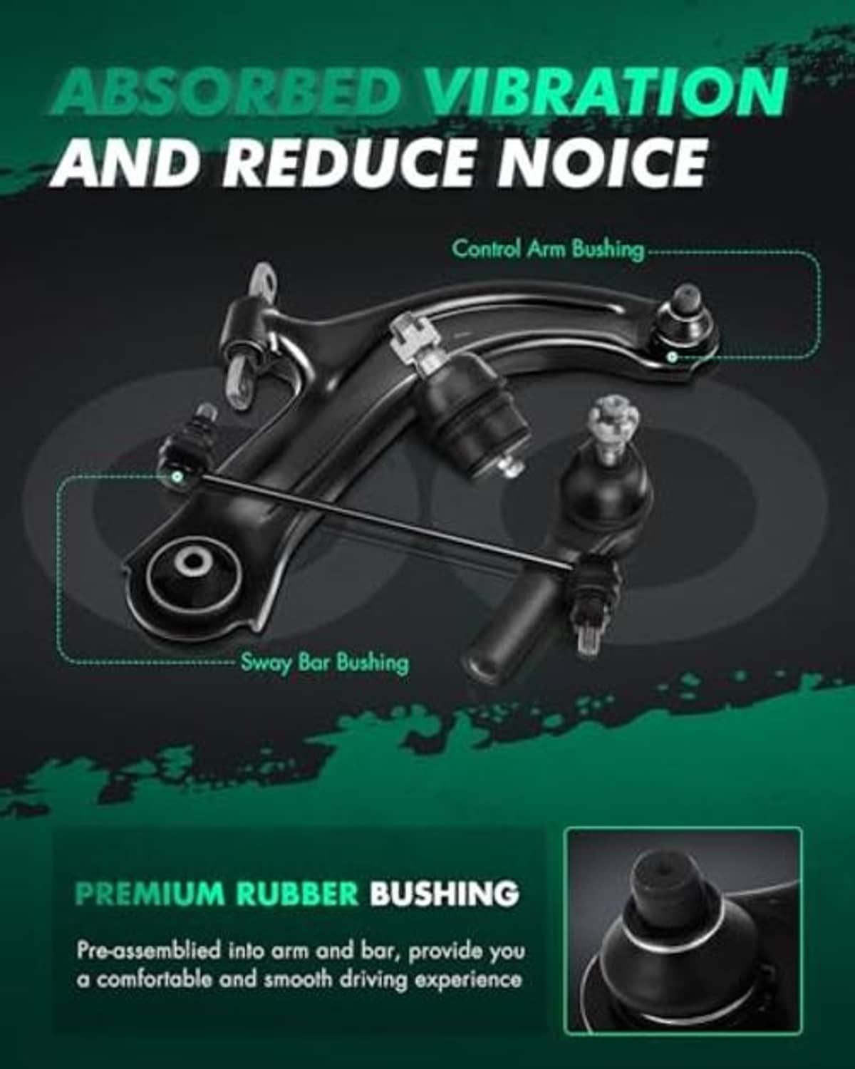 Suspension control arm diagram highlighting bushings to absorb vibration and reduce noise