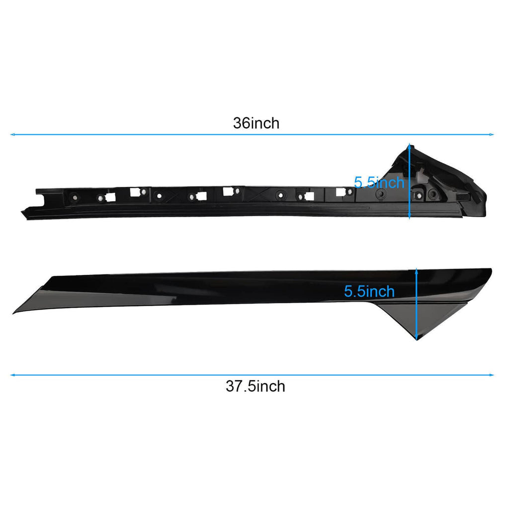 Black A-pillar molding trim pieces with angled ends and mounting holes
