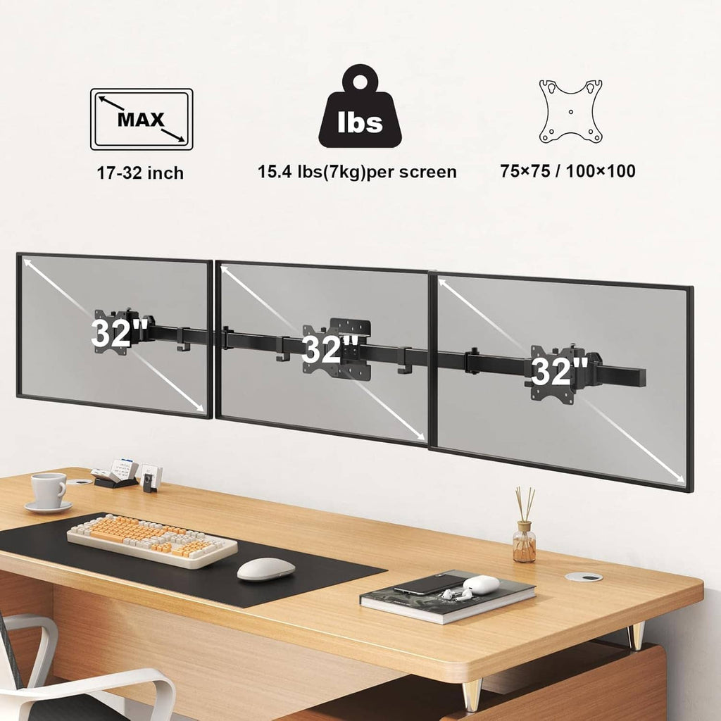 Triple monitor wall mount showing max 17–32 inch support and weight ratings on packaging