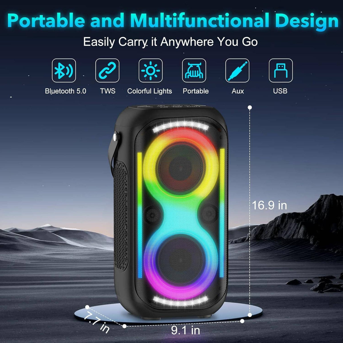 Portable Bluetooth speaker with RGB light rings, dual front drivers, black cabinet