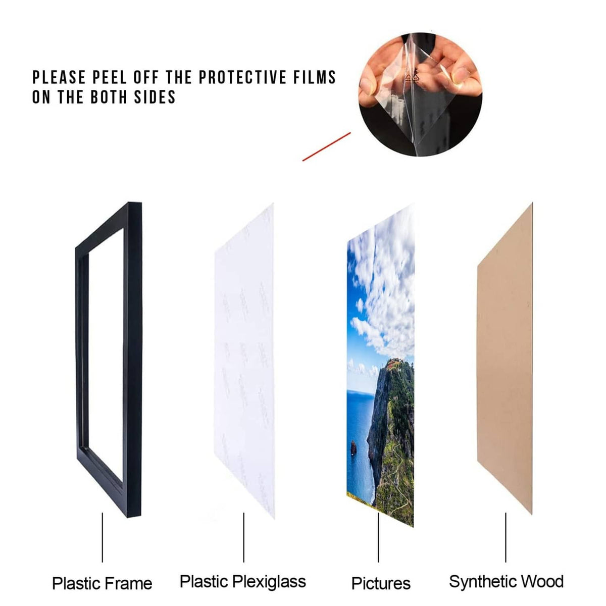Black plastic square picture frame with clear plexiglass cover and protective film