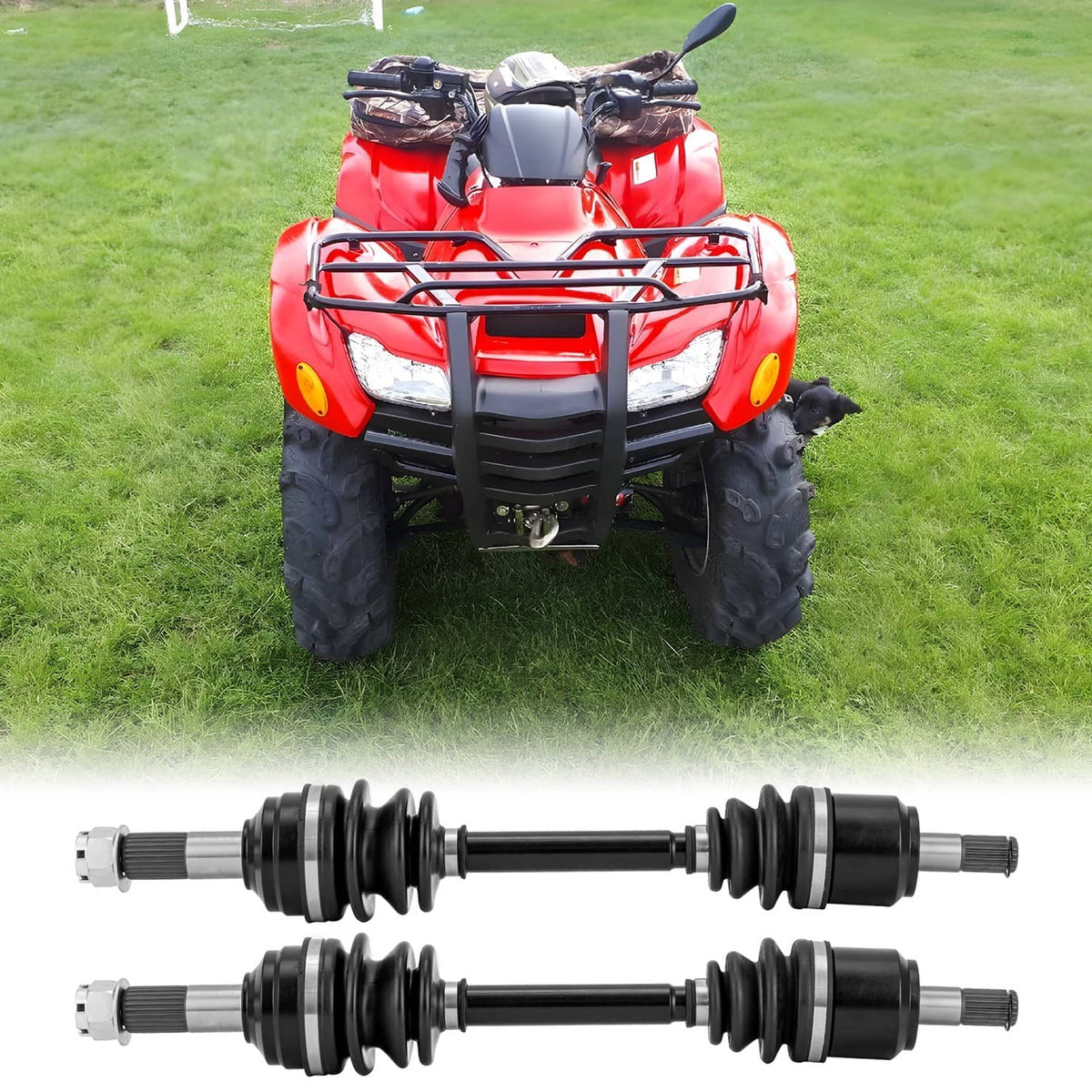 Two front CV axle shafts displayed with black boots and silver spline hardware