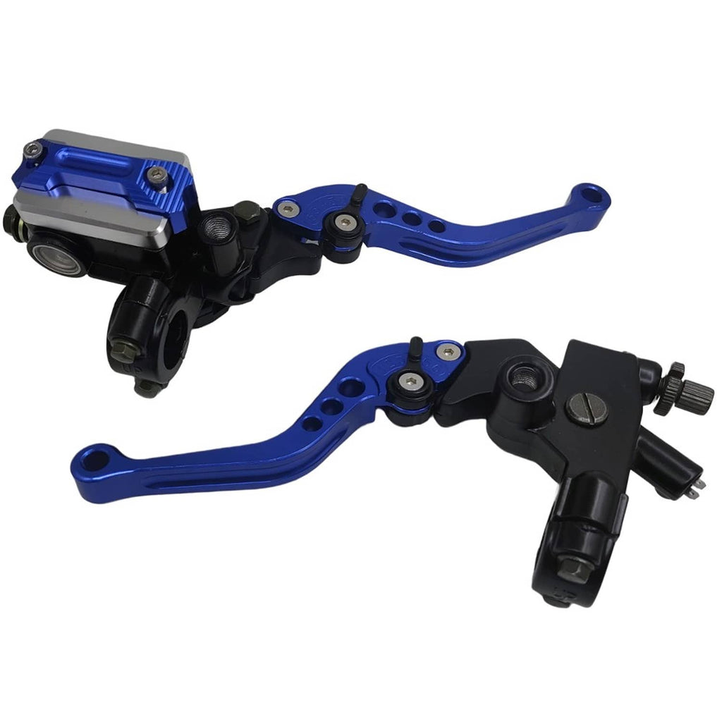 Blue motorcycle brake and clutch master cylinder lever set with black housings