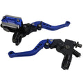 Blue motorcycle brake and clutch master cylinder lever set with black housings