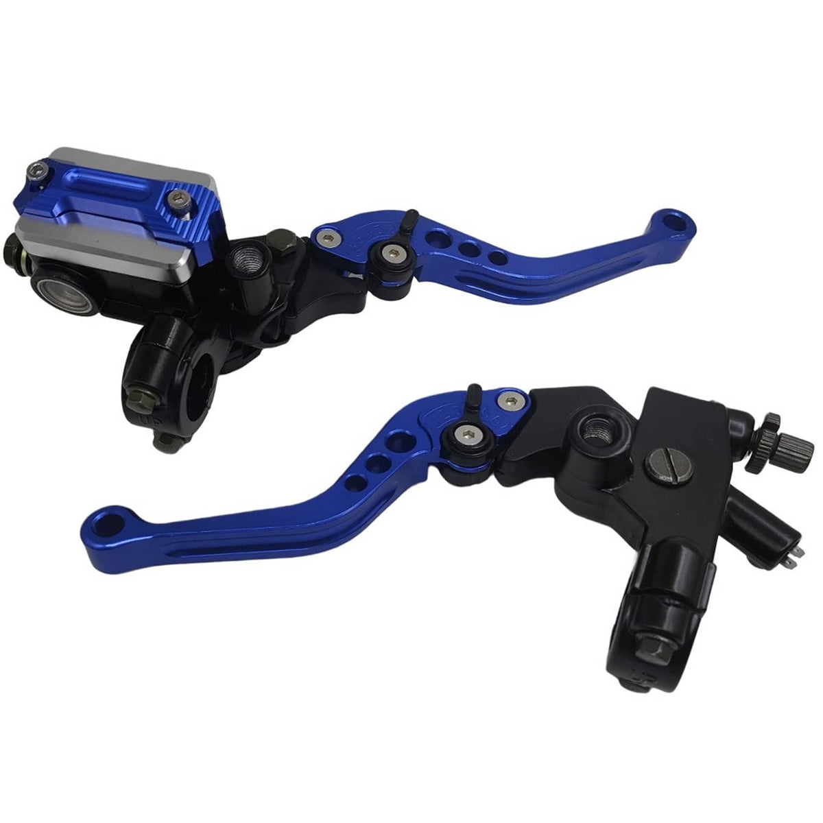 Blue motorcycle brake and clutch master cylinder lever set with black housings
