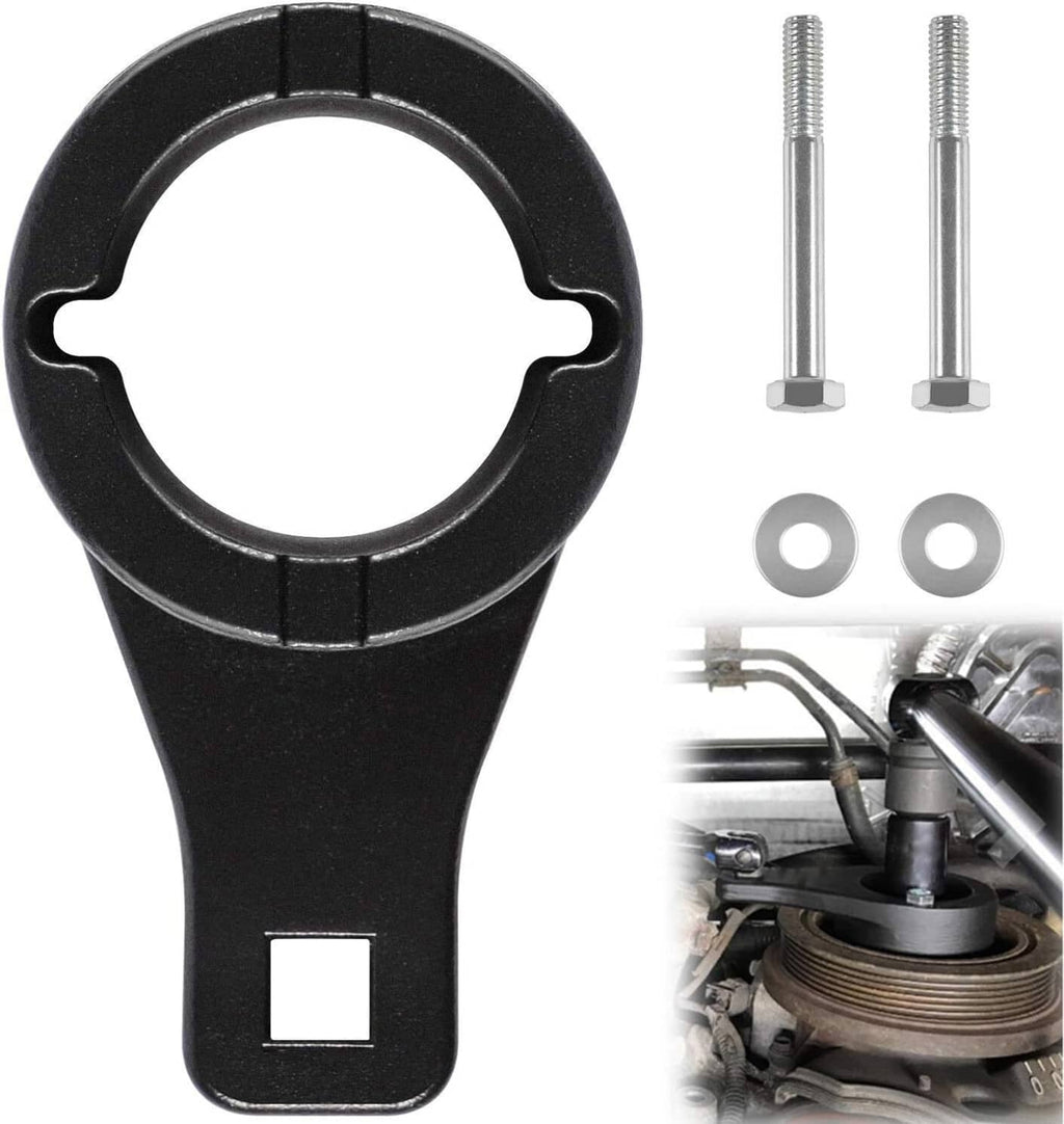 Crankshaft pulley holding fork tool with circular ring, plus two bolts and washers