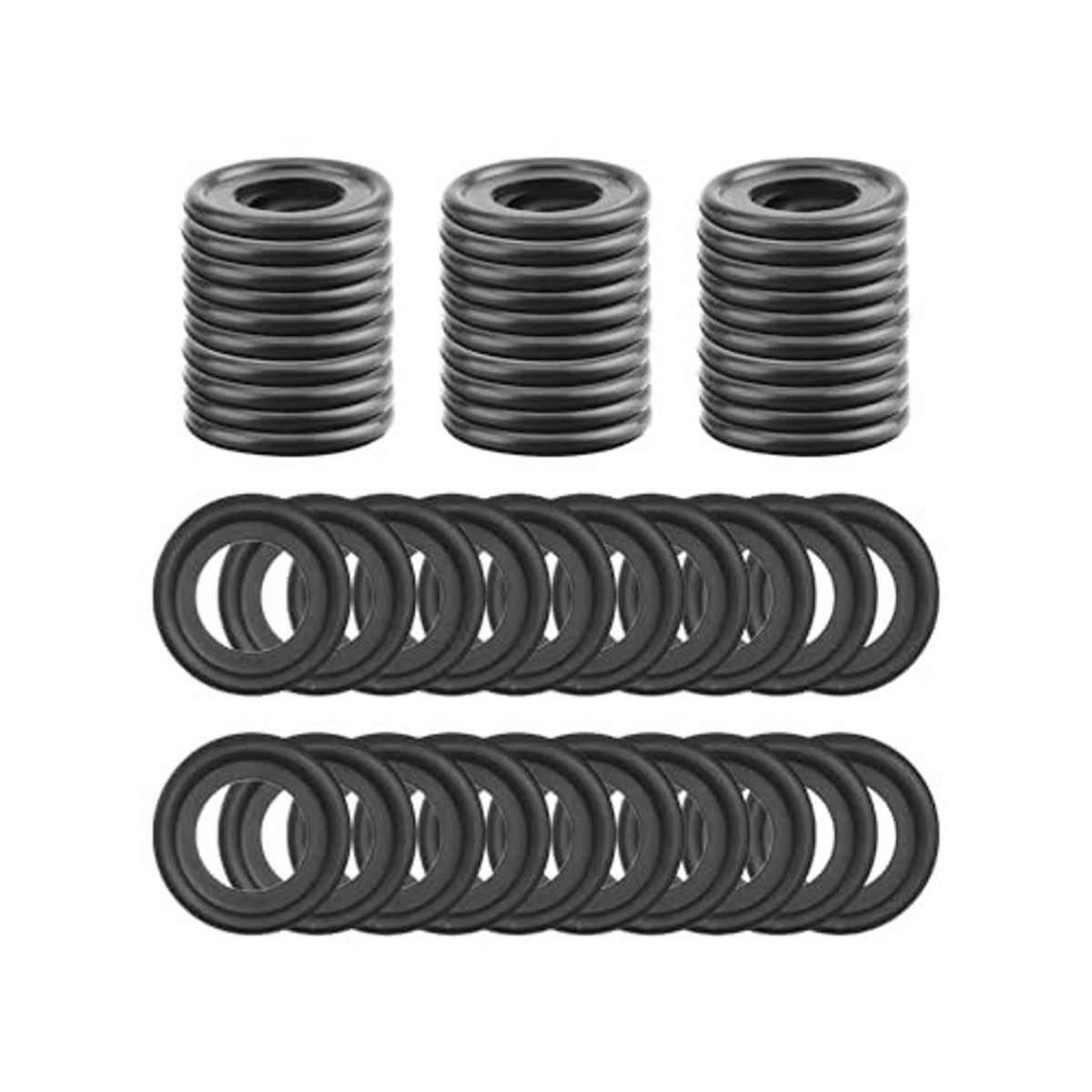 M12 oil drain plug gasket set with rubber crush washers, stacked and spread, 50 pcs