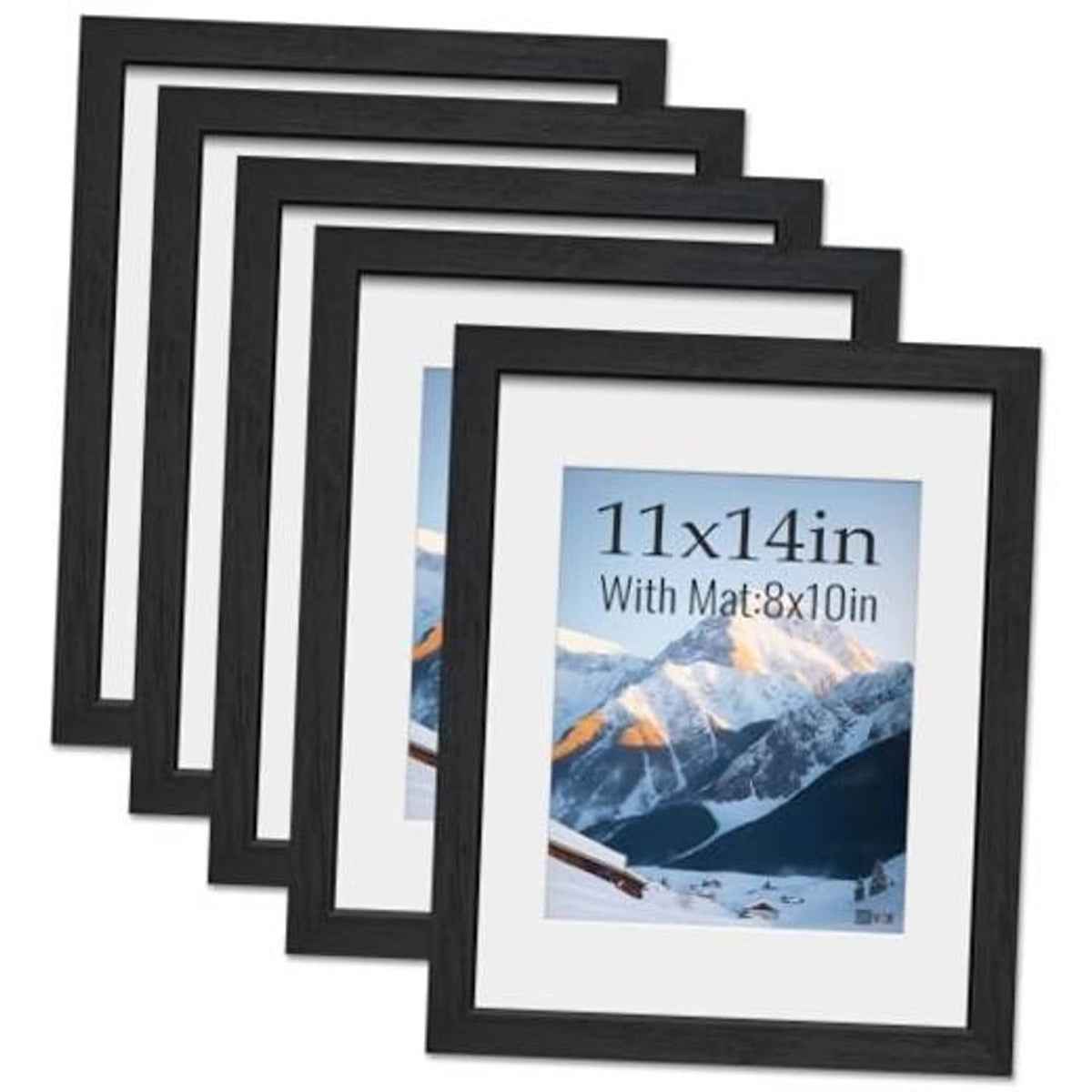Black 11x14 wood picture frame set with white mat and tempered glass