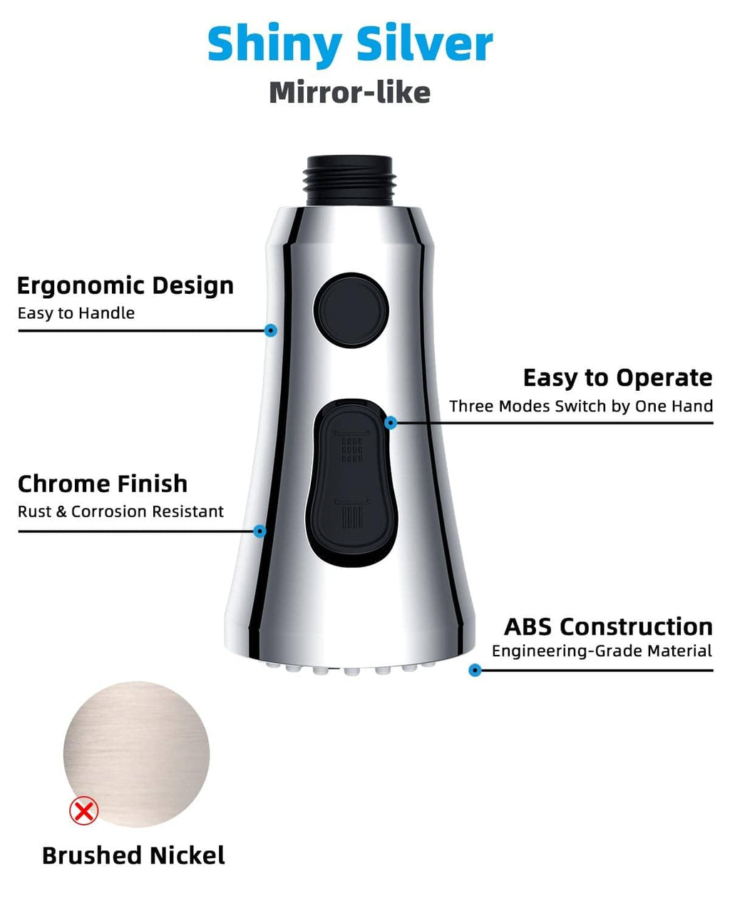 Chrome faucet spray head with ergonomic grip and three-mode one-hand switch