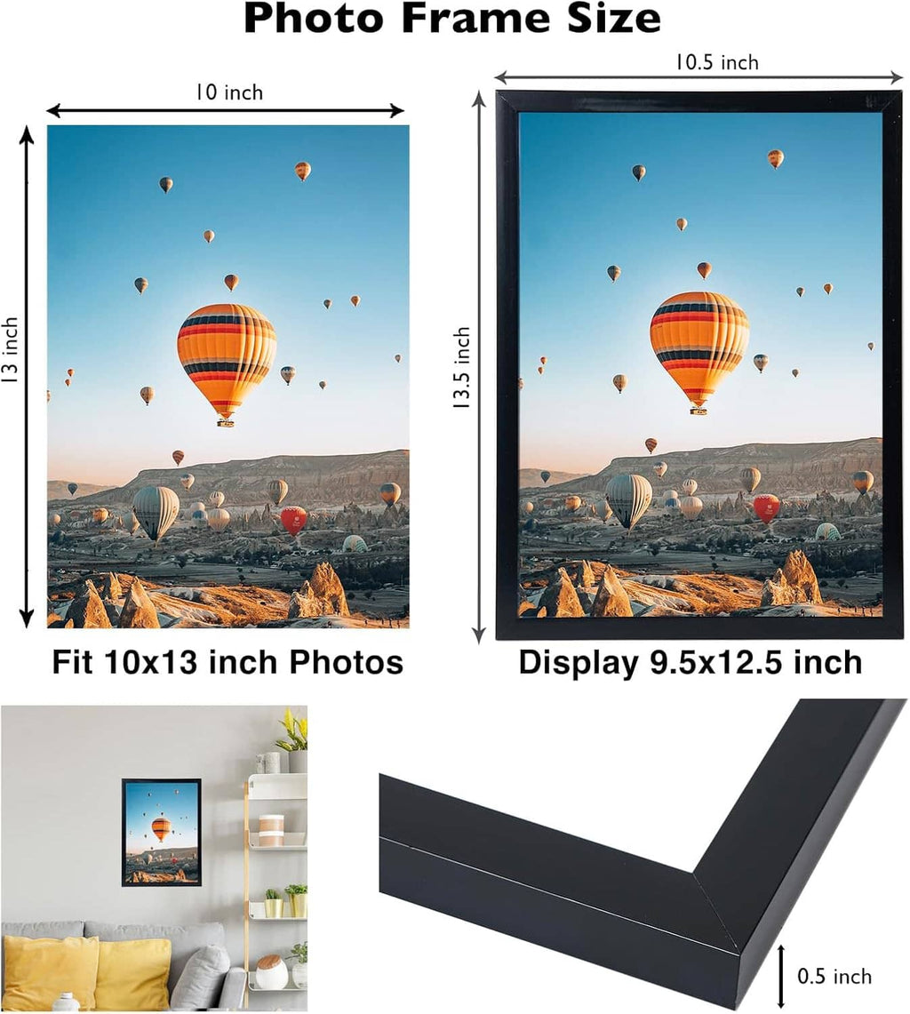 Black 10x13 photo frame with size diagram and fit for 10x13 photos
