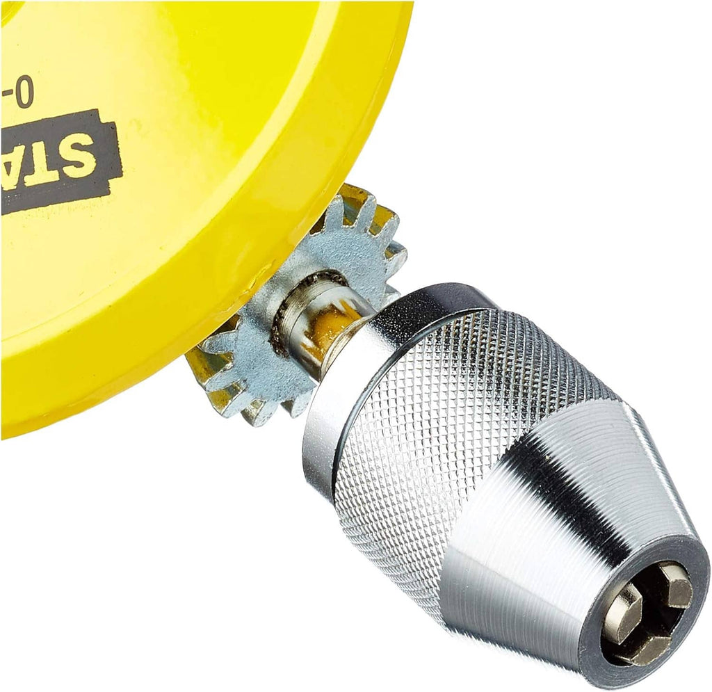 Stanley hand drill chuck detail with silver textured grip and yellow circular head