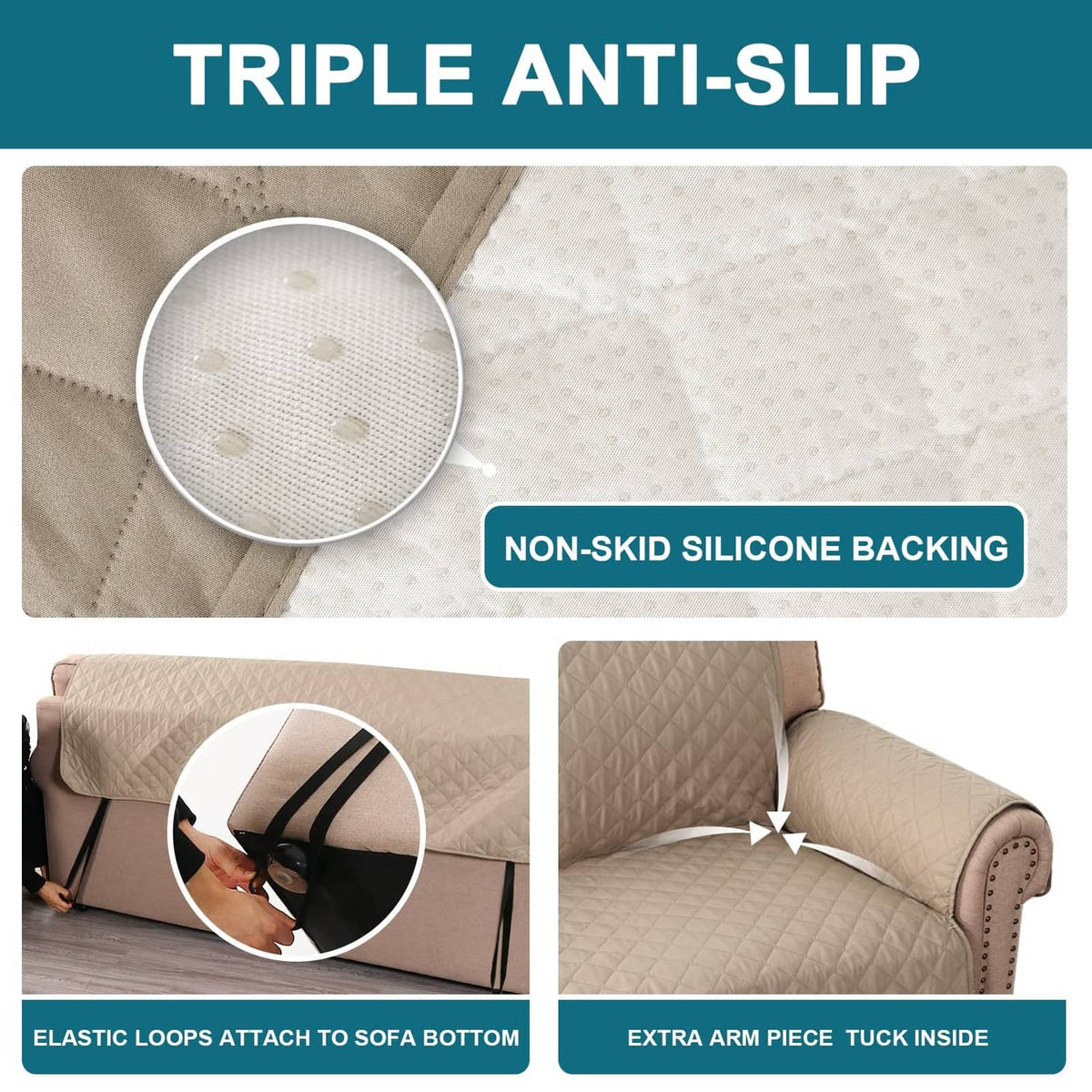 Khaki loveseat sofa cover underside with non-slip silicone backing and elastic loops