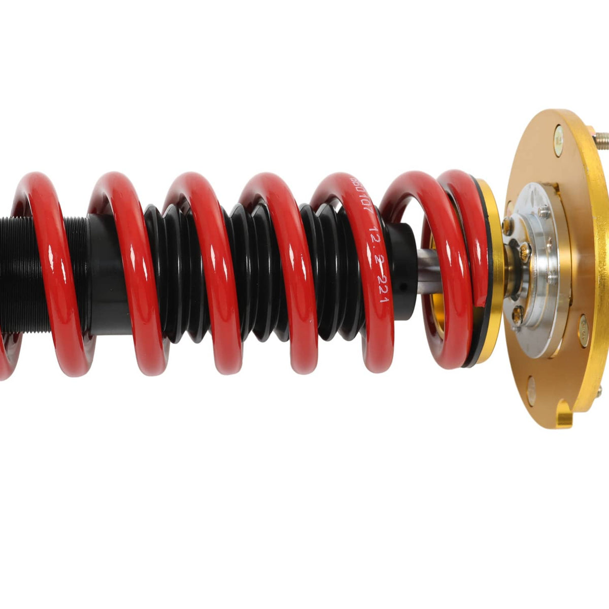 Coilover strut assembly with red spring, black body, and gold mounting plate