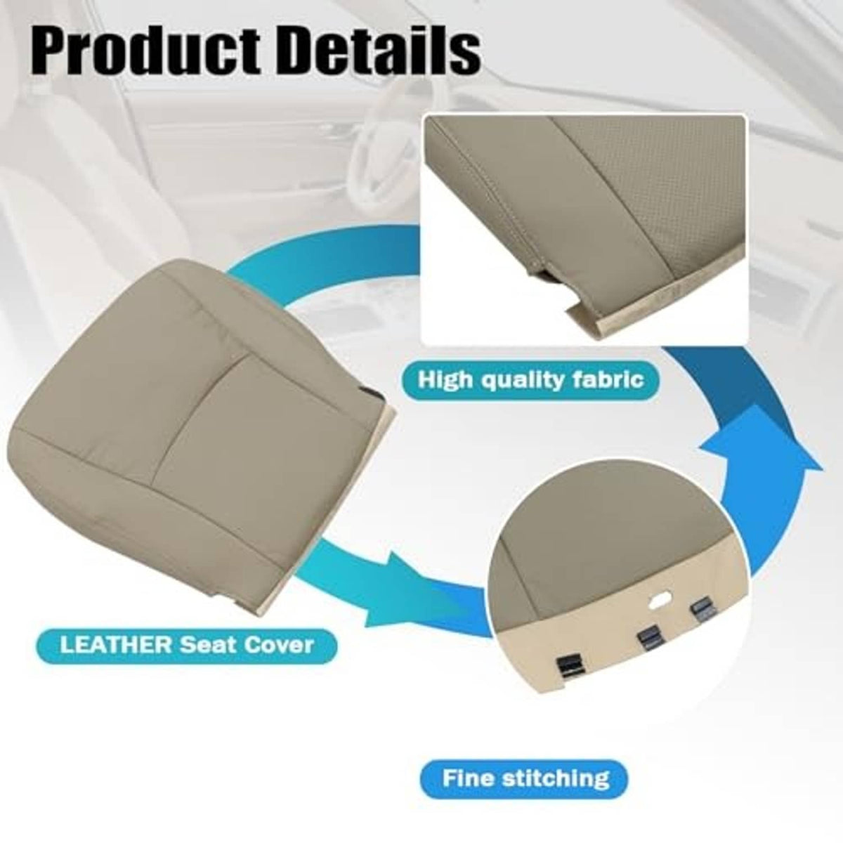 Tan leather seat cover with fine stitching and perforated textured panel