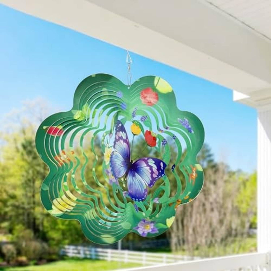Green hanging butterfly wind spinner with purple butterfly and spiral ring pattern