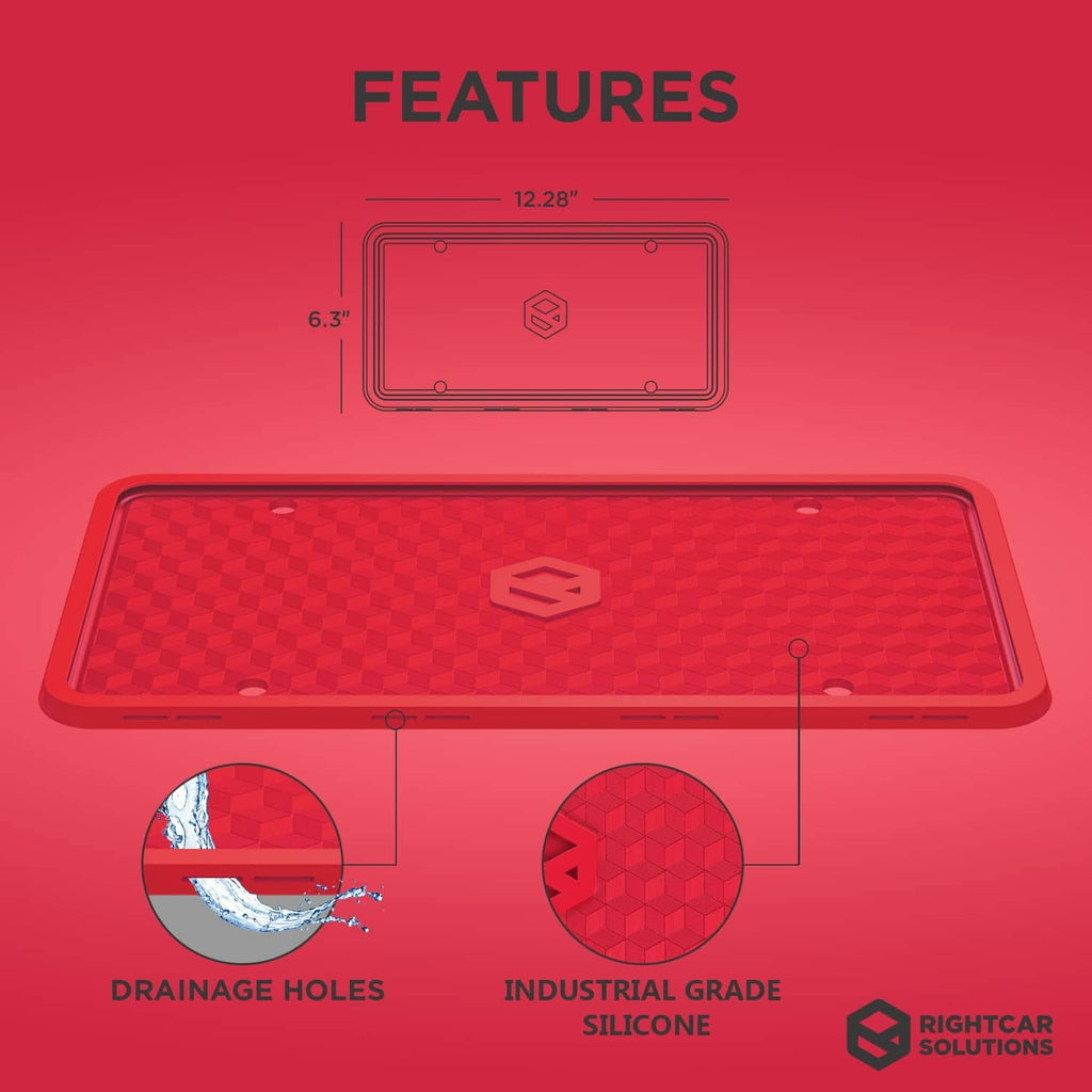 Red silicone license plate frame showing drainage holes and industrial-grade texture