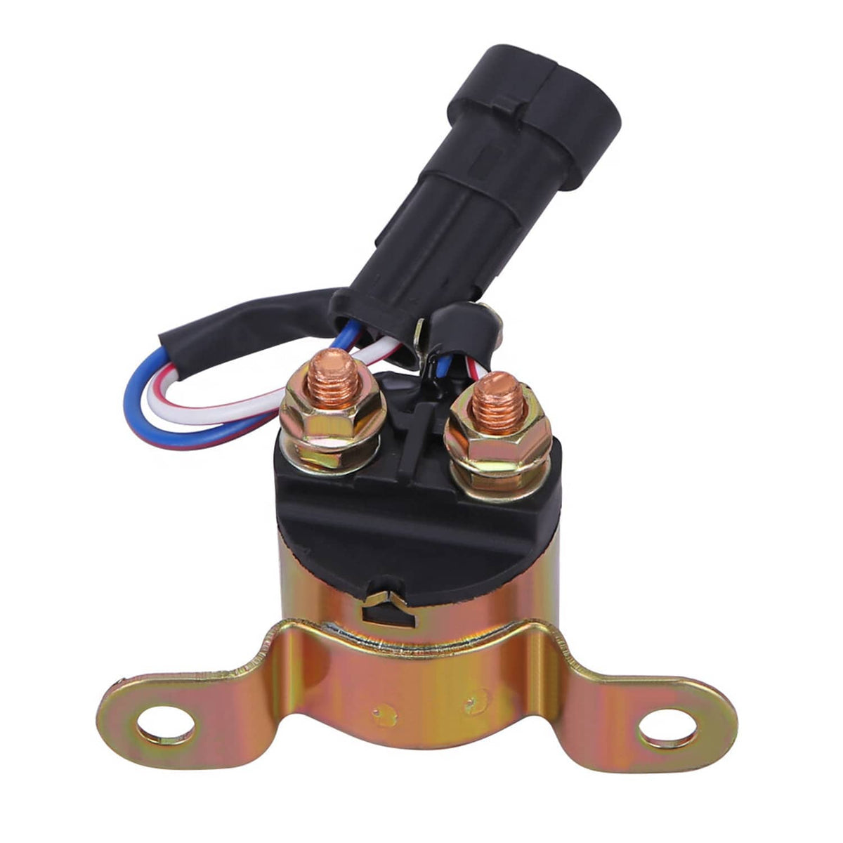 Starter solenoid relay with gold base and two copper-colored terminal posts