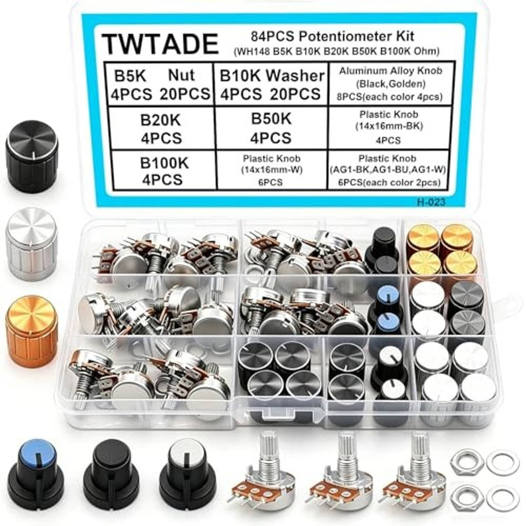 84-piece potentiometer kit organizer with mixed knob colors, potentiometers, nuts, and washers