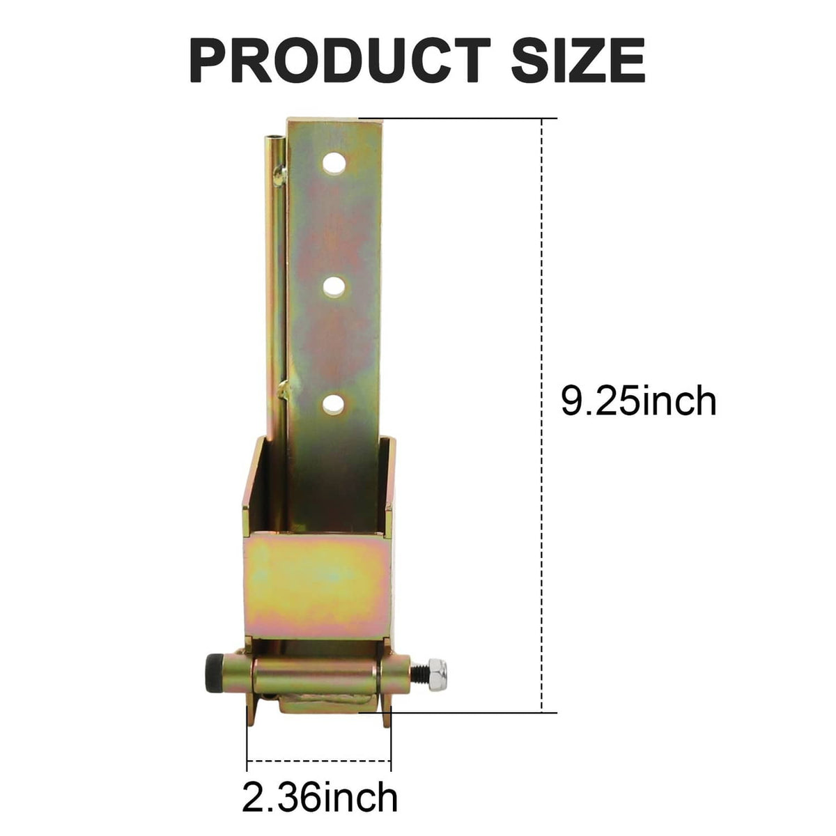 Weld-on hidden hinge bracket with pivot pin and mounting holes, rainbow zinc plated