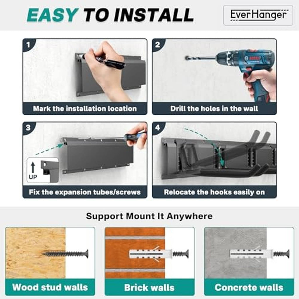 Wall-mount tool rack installation guide showing drill and mounting steps for the rail