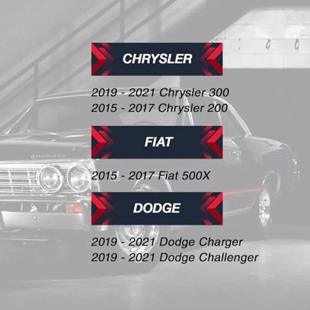 Key fob compatibility graphic featuring Chrysler, Fiat, and Dodge model listings