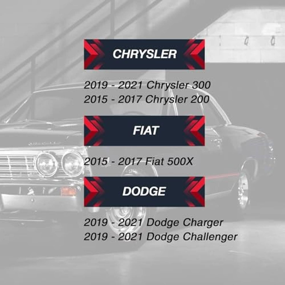 Key fob compatibility graphic featuring Chrysler, Fiat, and Dodge model listings